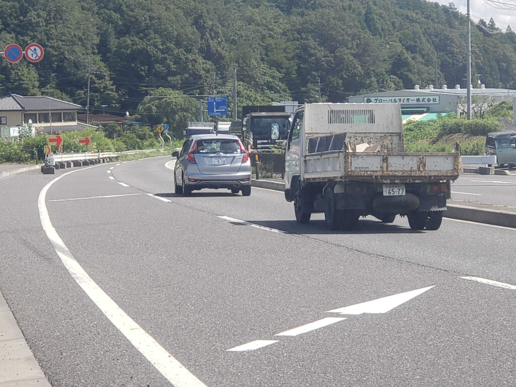 白河市北部の車線減少個所