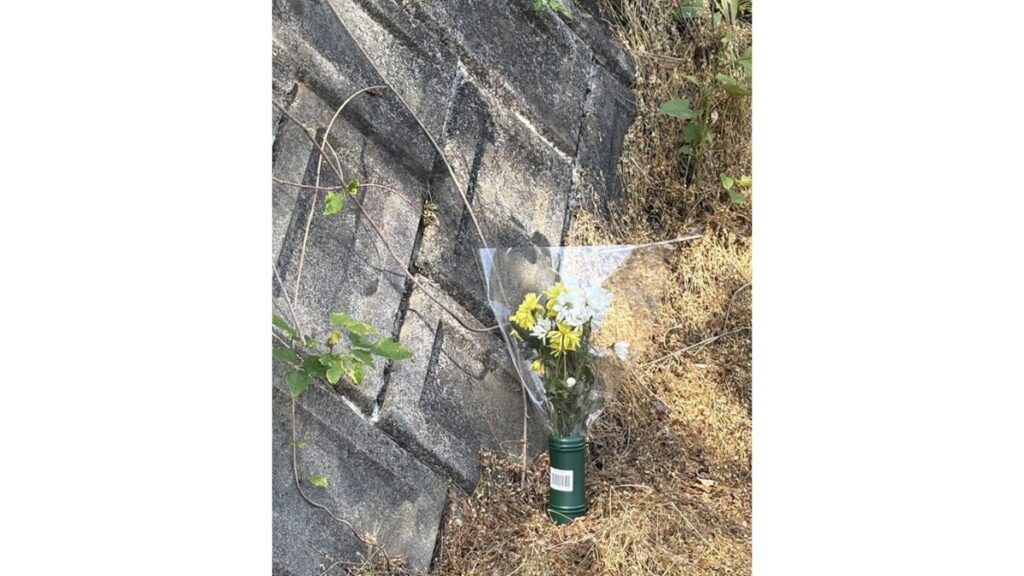 現場近くの県道沿いに手向けられた花